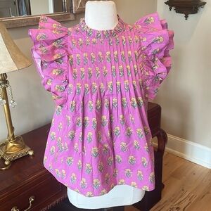 Ultramarine Bella Top Purple Yellow Flowers Double Ruffle Sleeve